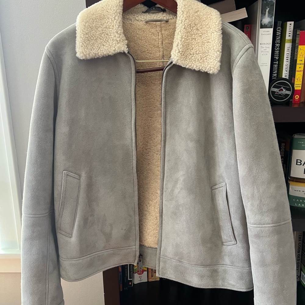 Todd Snyder Gray Bomber Jacket with Cream Shearling Collar and Lining. Perfect